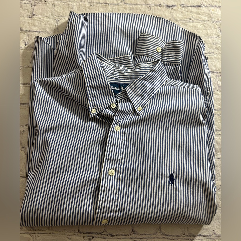 RALPH LAUREN CLASSIC FIT BLUE/WHITE STRIPED COTTON BUTTON DOWN SHIRT SIZE 16.5